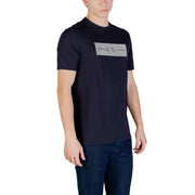 Armani Exchange men black short-sleeved t-shirt featuring a rectangular white logo patch on the chest
