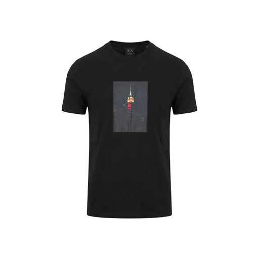 Armani Exchange schwarze Männer t-shirt mit einer rechteckigen Grafik des Empire State Buildings bei Nacht