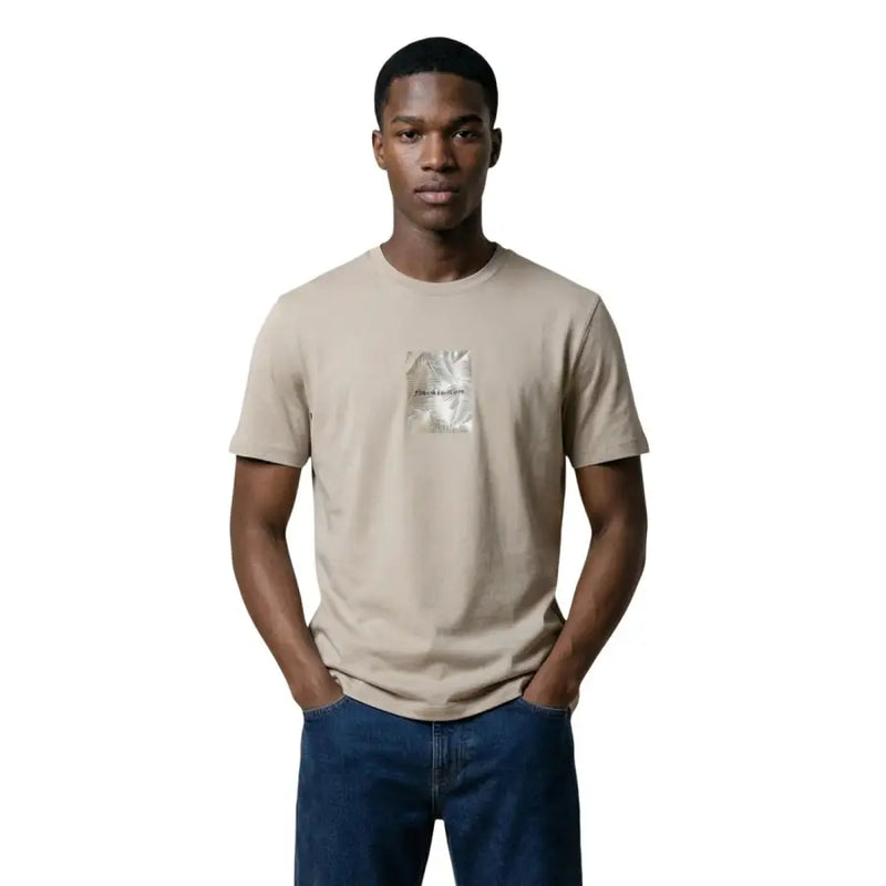Armani Exchange Beiges Herren-T-Shirt aus Baumwolle mit kurzen Ärmeln und dezentem, metallisch schimmerndem Palmenblatt-Print auf der Brust