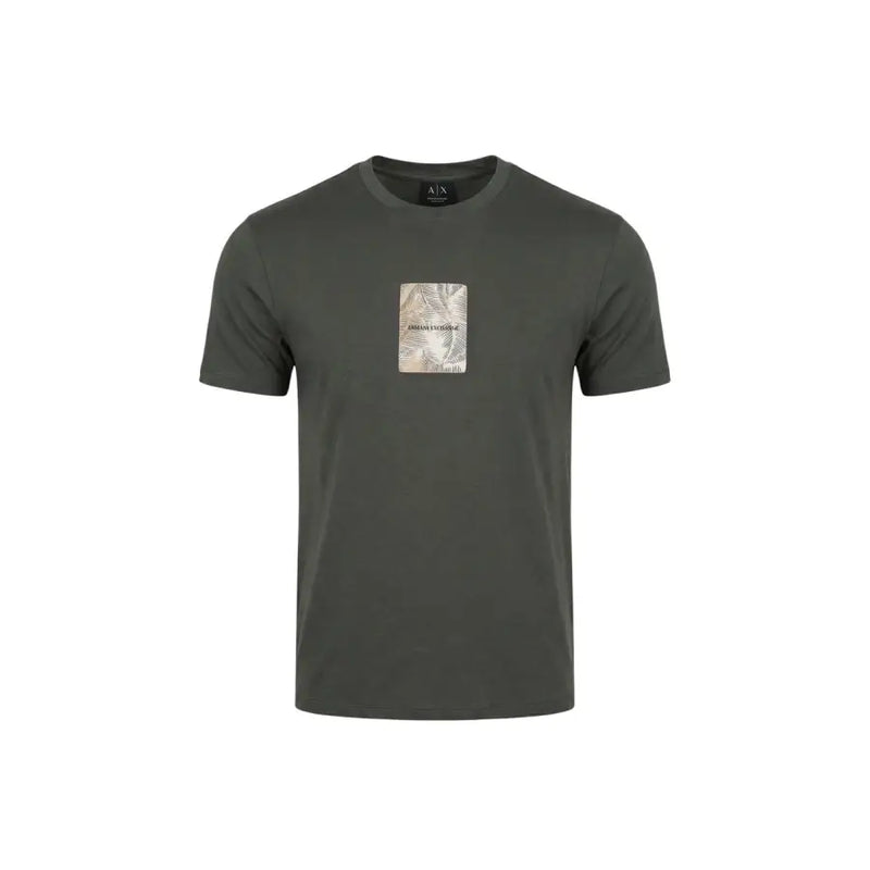 Dunkelolivgrün Armani Exchange Herren-T-Shirt mit rechteckigem Palmenblatt-Aufnäher auf der Brust, Baumwolle, Rundhalsausschnitt, XM002501