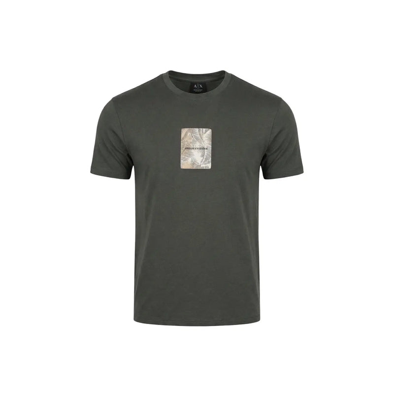 Dark olive green Armani Exchange men t shirt with rectangular palm leaf print patch on chest cotton round neck XM002501