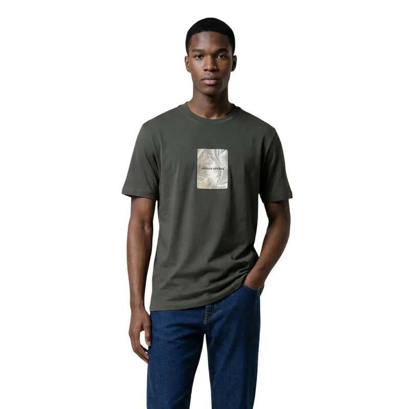 Armani Exchange men t shirt green cotton round neck with olive green square graphic print on the chest