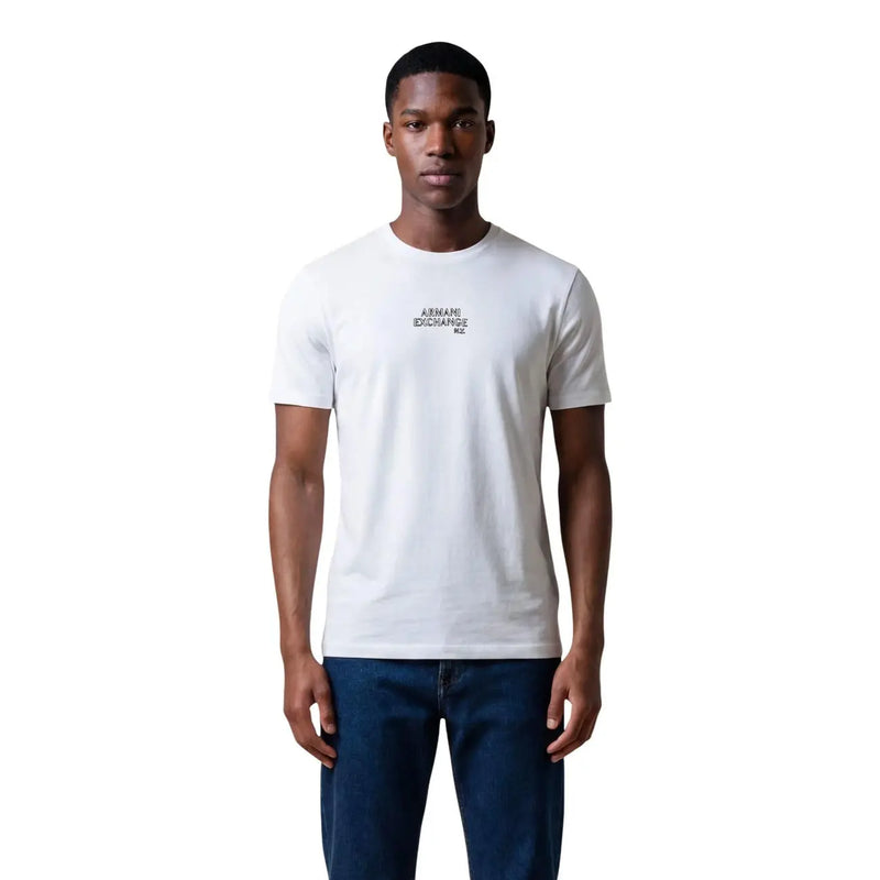 White cotton Armani Exchange men t-shirt with small black Armani Exchange logo on the chest