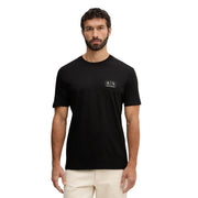 Armani Exchange men t-shirt in black short sleeve featuring a subtle white logo patch on the left chest