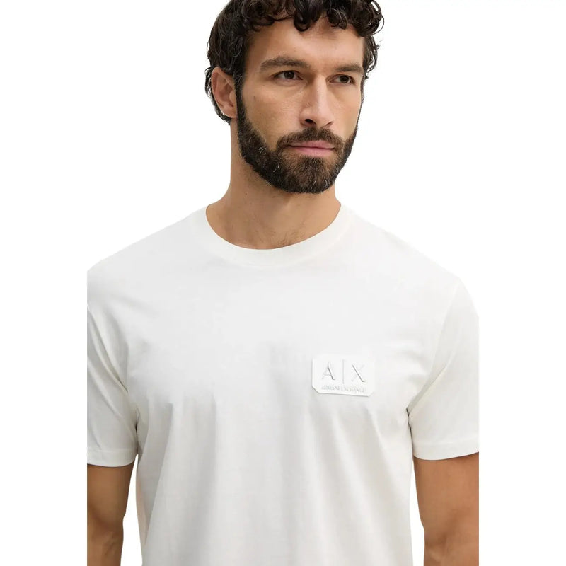 White cotton Armani Exchange men t-shirt with a subtle embroidered logo on the left chest for casual wear