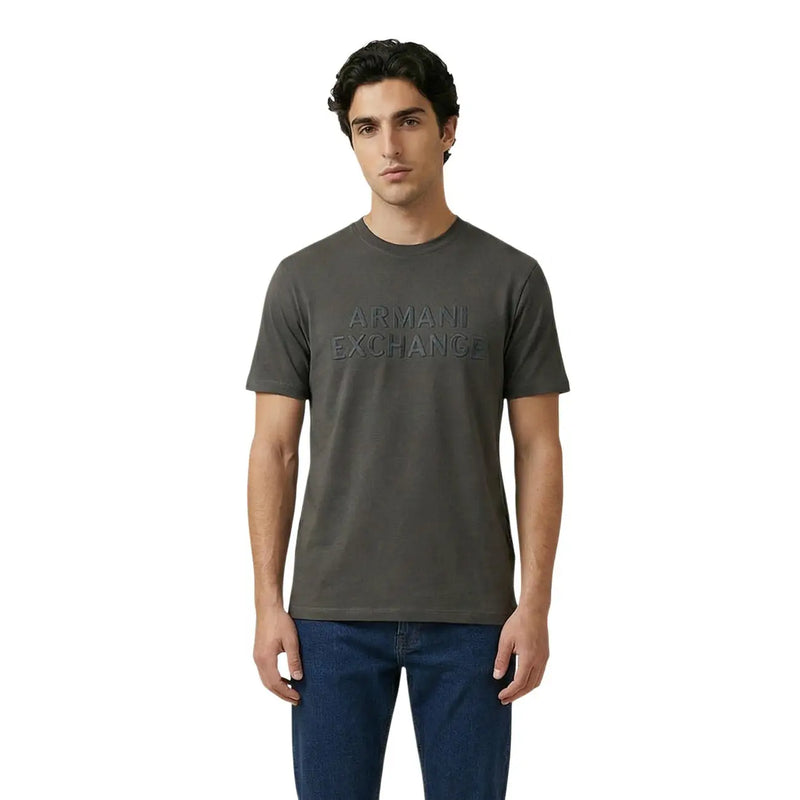 Armani Exchange men t shirt dark olive green cotton crew neck with subtle embossed logo across the chest