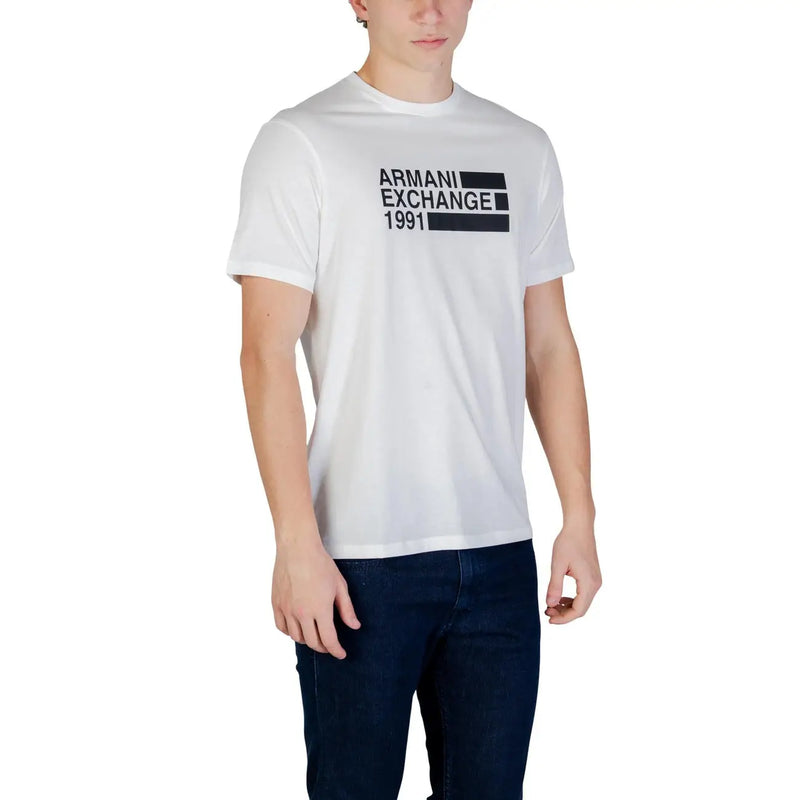 White Armani Exchange men short-sleeved cotton t-shirt with black 1991 graphic print for casual wear