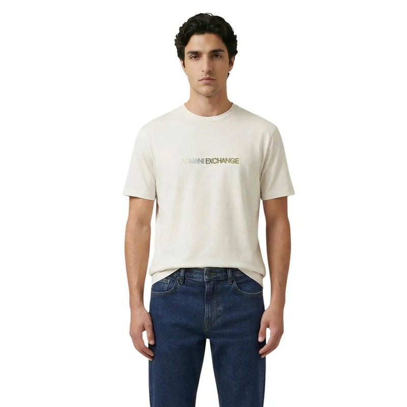Cream-colored Armani Exchange men t-shirt with a subtle metallic logo across the chest in soft cotton fabric