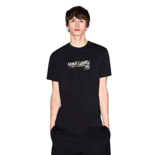 Black Armani Exchange men t shirt with white graffiti style logo and 1974 print made of cotton round neck design