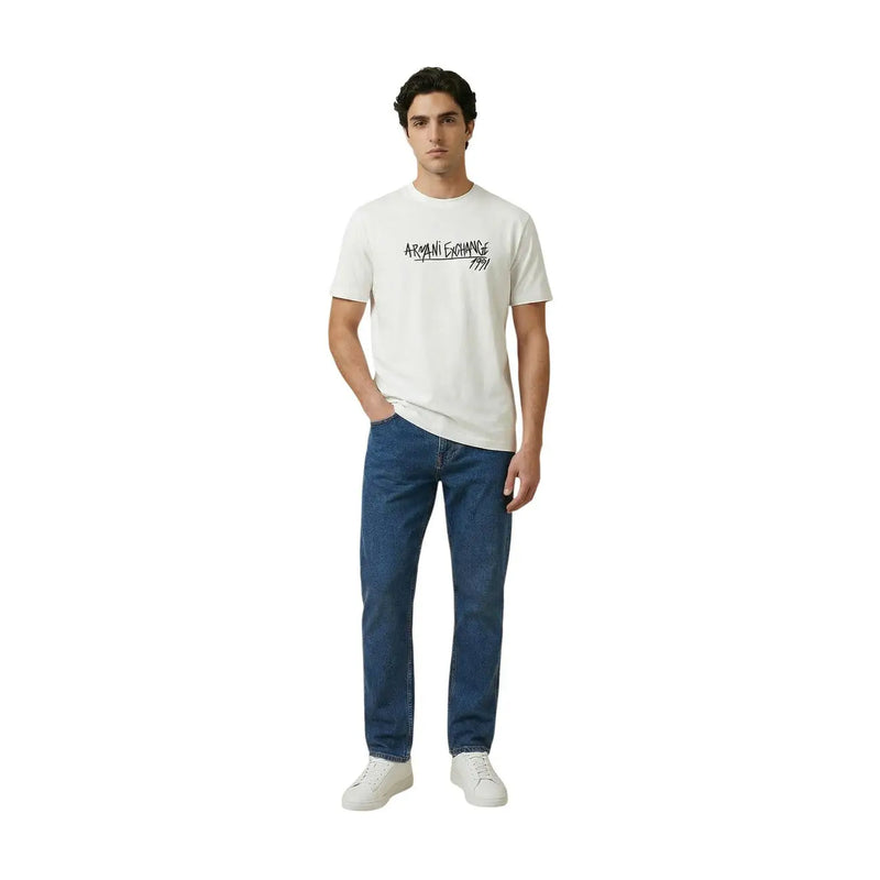 White cotton Armani Exchange men t-shirt with black aroma exchange 1974 graphic print front design