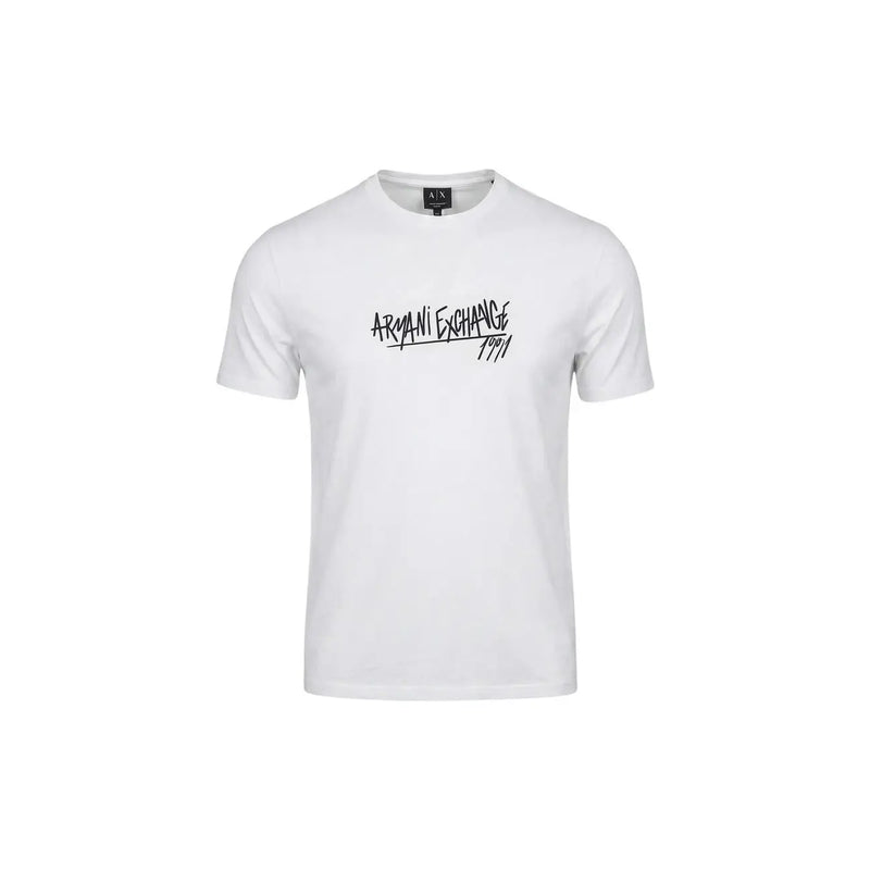 White armani exchange men t-shirt with black armani exchange 1974 graffiti style logo across the chest