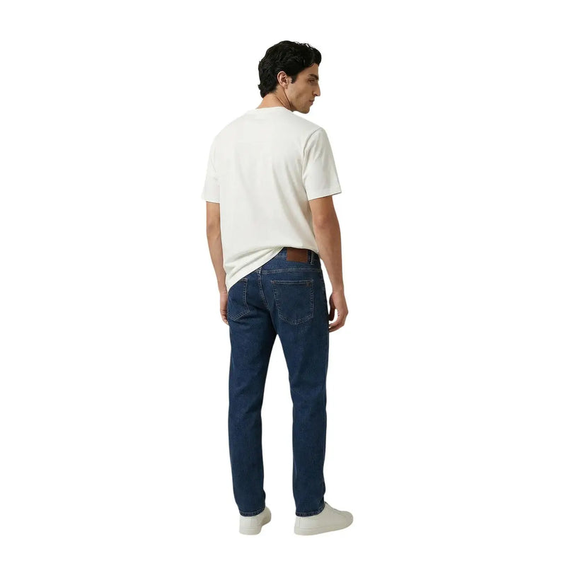 Dark blue denim jeans with classic five-pocket design and brown leather belt loop from armani exchange men t-shirt collection
