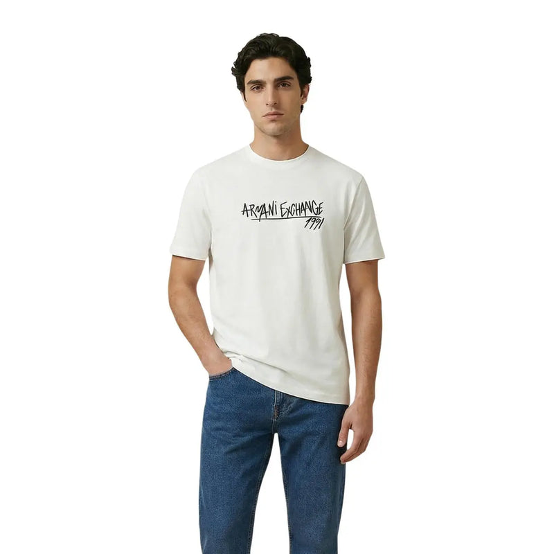 White Armani Exchange men t-shirt featuring black graffiti-style logo and 1991 text on the chest