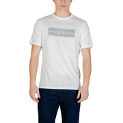 Armani Exchange men t-shirt in white cotton with a gray rectangular logo featuring the brand’s signature pattern