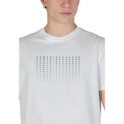 Armani Exchange men white cotton t-shirt with colorful translucent letter grid design across the chest