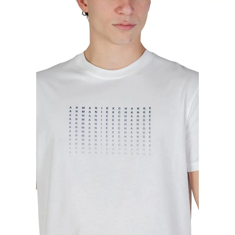 Armani Exchange men white cotton t-shirt with colorful translucent letter grid design across the chest