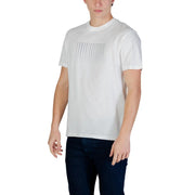 Armani Exchange men white cotton t-shirt with a subtle gray grid of repeating Chanel text across the chest