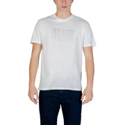Armani Exchange men white cotton t-shirt with subtle light gray letter grid print across the chest