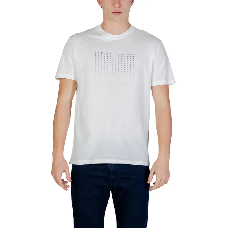 Armani Exchange men white cotton t-shirt with subtle light gray letter grid print across the chest