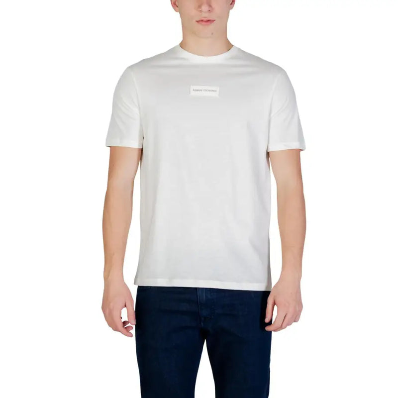 Armani Exchange men white cotton crewneck t-shirt with a small rectangular label on the chest