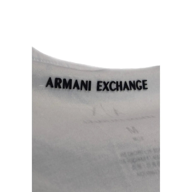 White armani exchange garment label with black embroidered branding on armani exchange men t-shirt