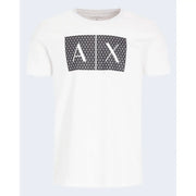 Armani Exchange men t-shirt in white featuring a bold black geometric logo with white lettering across the chest