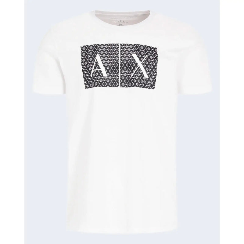 Armani Exchange men t-shirt in white featuring a bold black geometric logo with white lettering across the chest