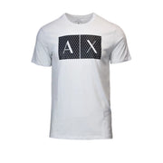 White cotton Armani Exchange men t-shirt featuring a bold black rectangular logo with white a x lettering and grid pattern