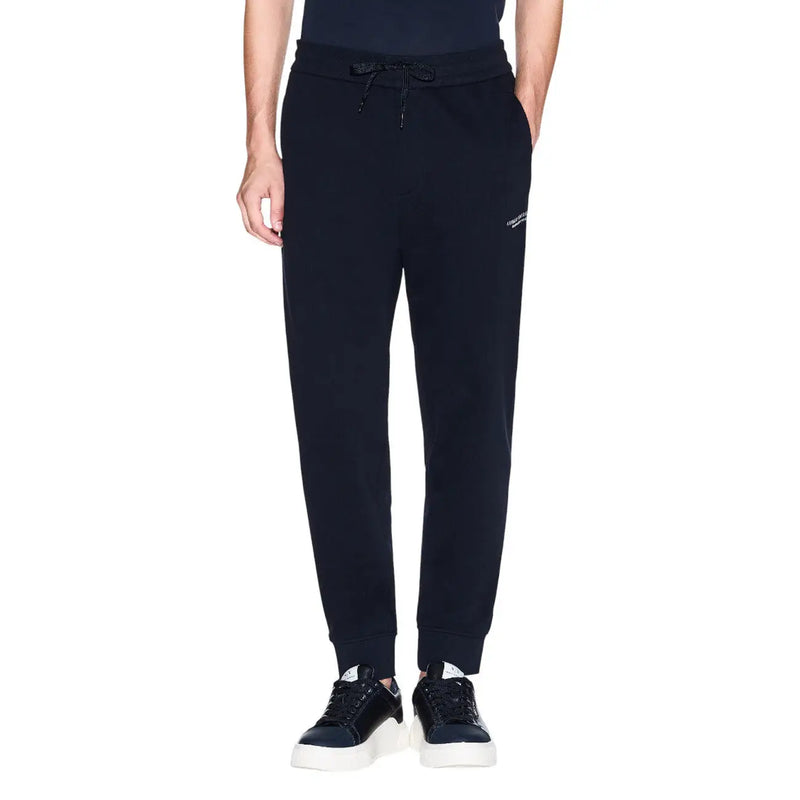 Armani Exchange men black cotton blend joggers with drawstring waistband and subtle white logo on thigh