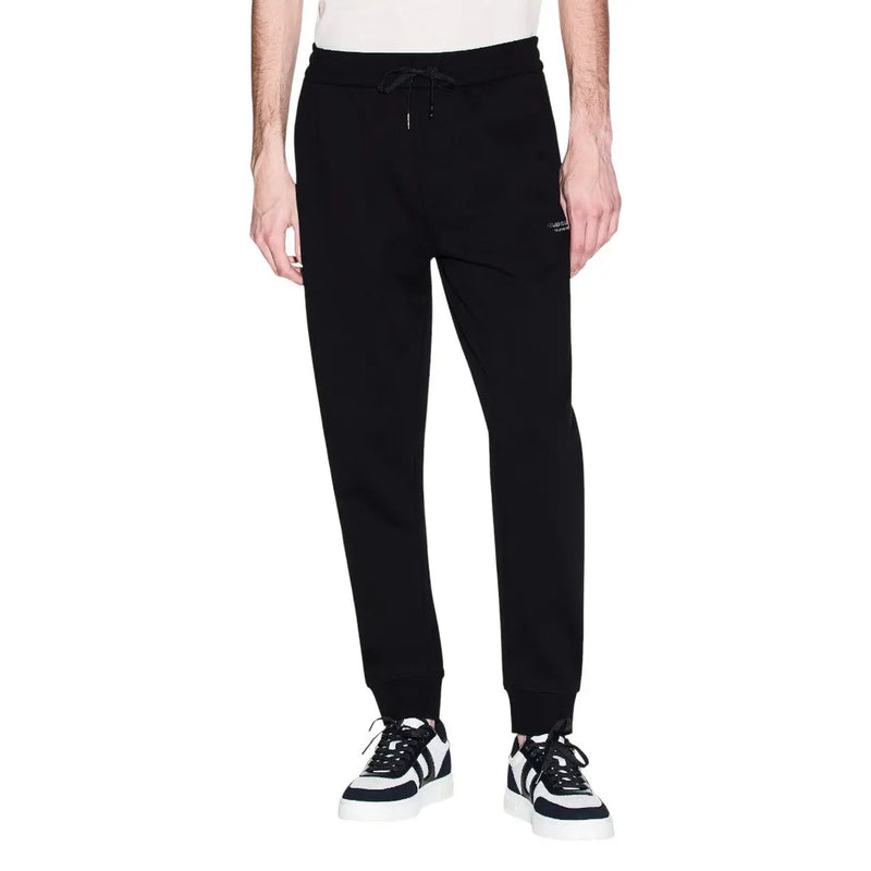 Armani Exchange men trousers black cotton joggers with drawstring waistband and subtle logo on the thigh