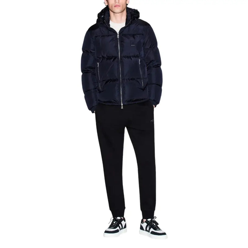 Navy blue quilted puffer jacket with front zipper closure featured in Armani Exchange men trousers product