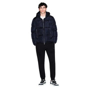 Navy blue quilted puffer jacket with hood and front zipper pockets by armani exchange for men