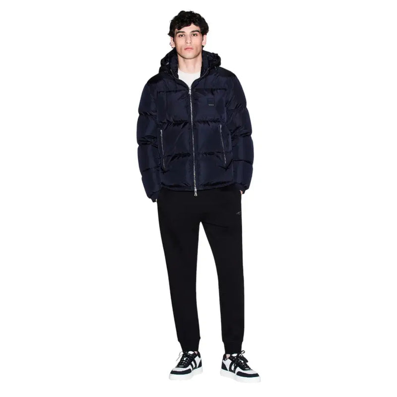 Navy blue quilted puffer jacket with hood and front zipper pockets by armani exchange for men