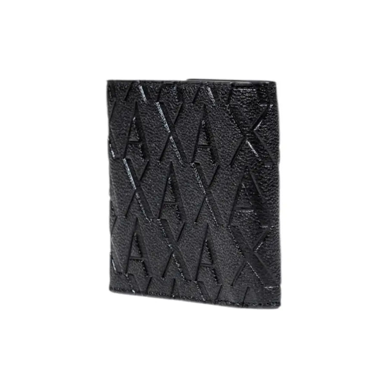 Black textured Armani Exchange men wallet with embossed repeating ax logo pattern for stylish everyday use