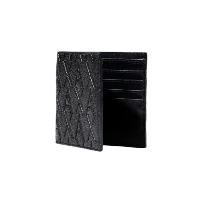 Armani Exchange men wallet in black leather with embossed geometric pattern showcasing back side design