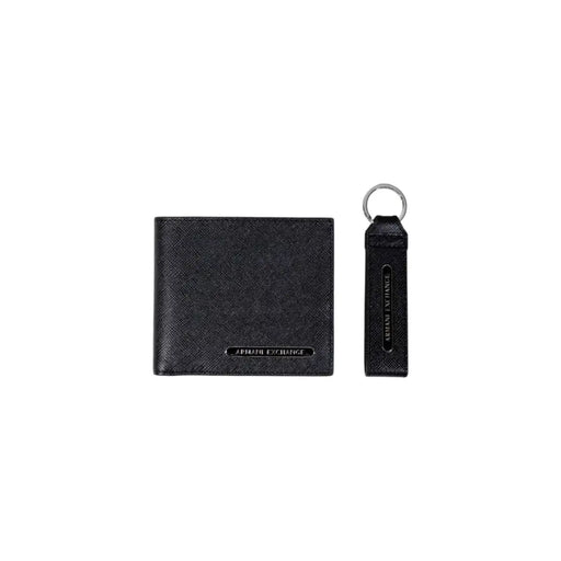 Schwarzes, strukturiertes Leder Armani Exchange Herren-Geldbörsen- und Schlüsselanhänger-Set aus hochwertigen Materialien und mit erstklassigem Design