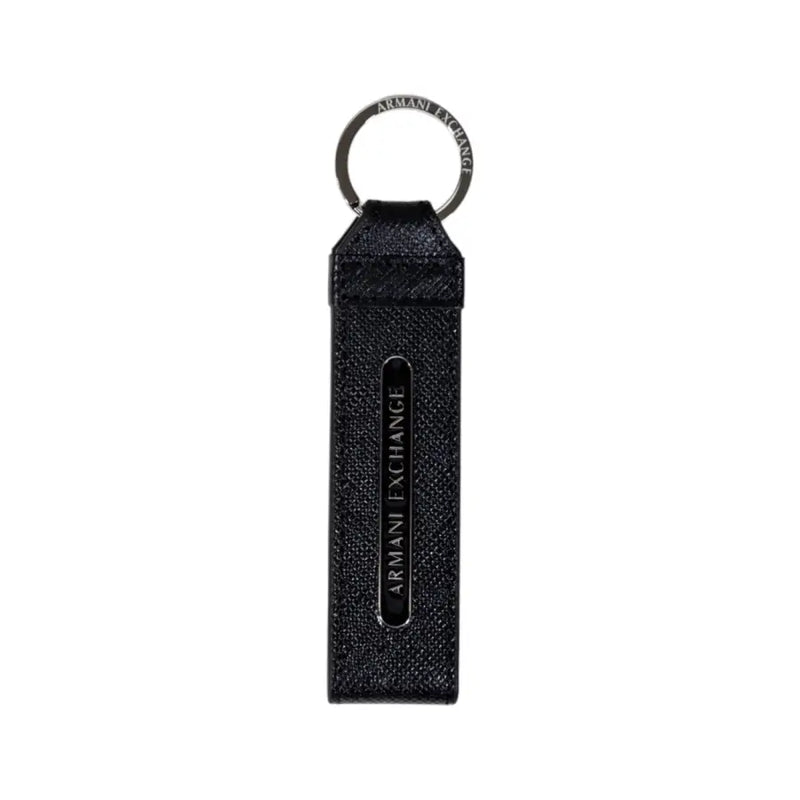 Schwarzer Schlüsselanhänger aus strukturiertem Leder mit silbernem Metallring und geprägtem armani exchange Markenartikel für Herren-Geldbörsen-Accessoire
