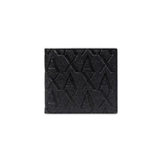 Black textured Armani Exchange men wallet with embossed repeating axa logo pattern on leather surface