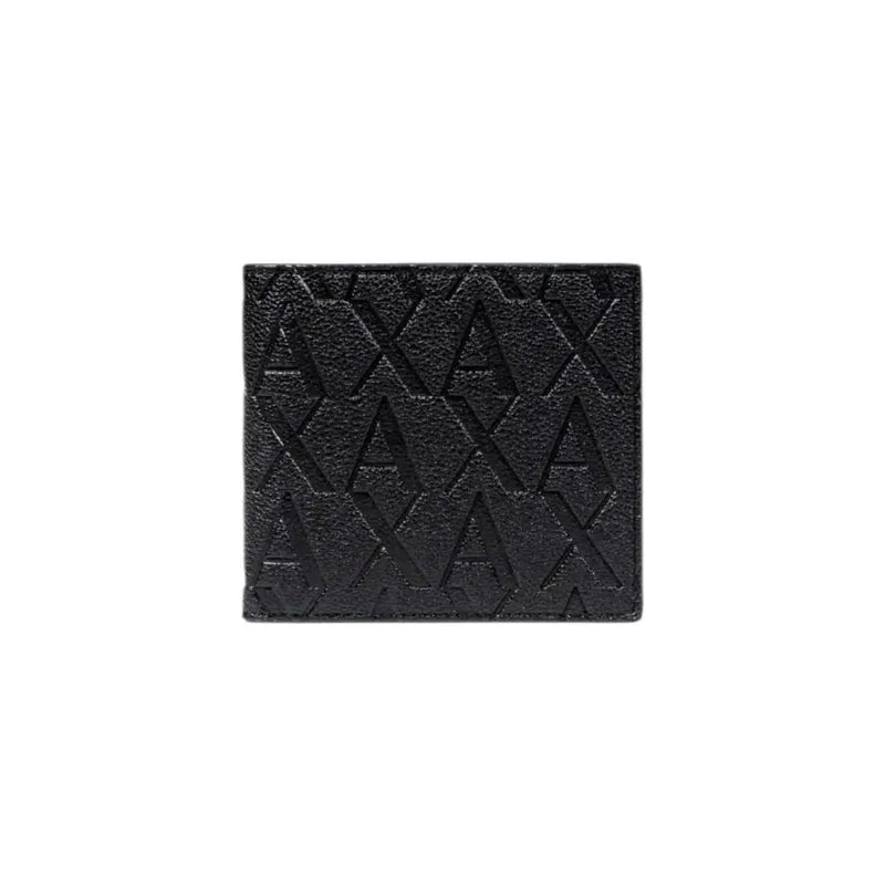 Black textured Armani Exchange men wallet with embossed repeating axa logo pattern on leather surface