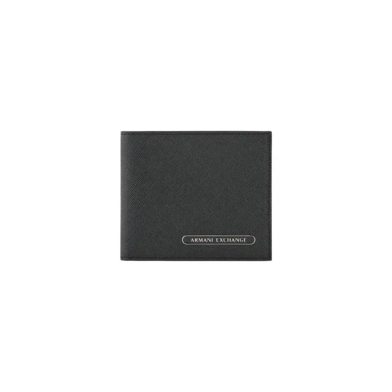 Black armani exchange men wallet with textured leather finish and silver logo plaque on the front side