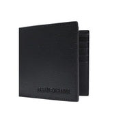 Black textured leather bifold wallet with embossed Armani Exchange logo designed for men by Armani Exchange