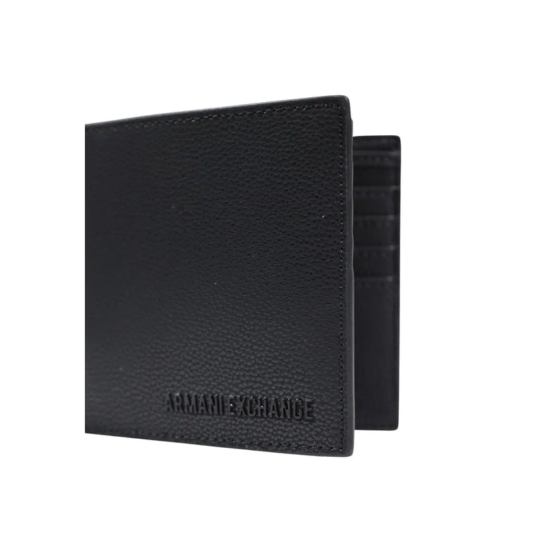 Black textured leather bifold wallet with embossed Armani Exchange logo designed for men by Armani Exchange