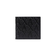Black textured Armani Exchange men wallet with embossed repeating axa logo pattern on leather surface