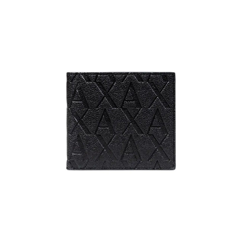 Black textured Armani Exchange men wallet with embossed repeating axa logo pattern on leather surface