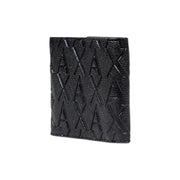 Black textured Armani Exchange men wallet with embossed repeating ax logo pattern for stylish everyday use