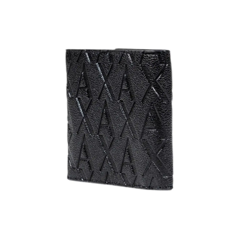 Black textured Armani Exchange men wallet with embossed repeating ax logo pattern for stylish everyday use