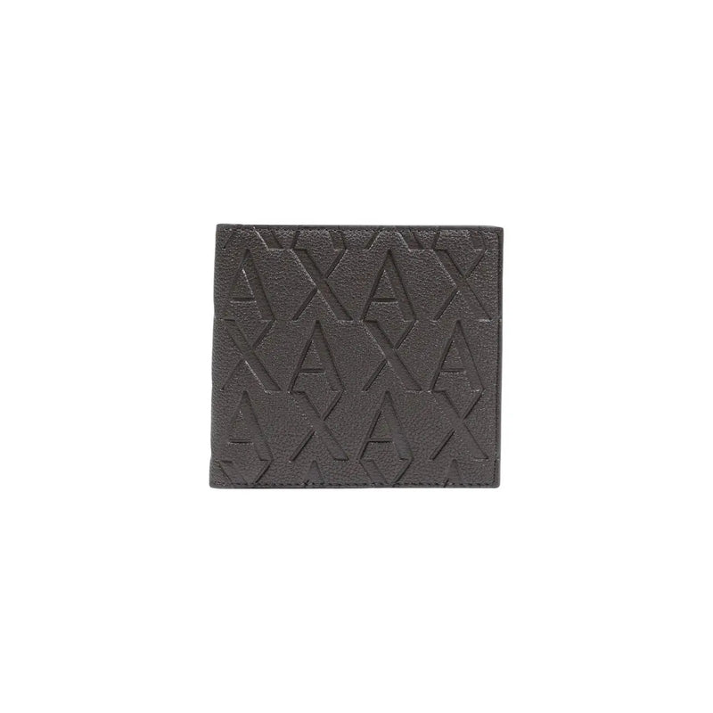 Dark gray textured Armani Exchange men wallet with embossed repeating axa logo pattern for stylish everyday use