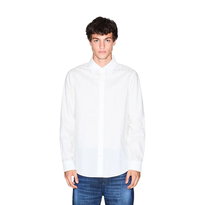 Armani Exchange men white cotton long-sleeved button-down shirt with classic collar and minimalist design