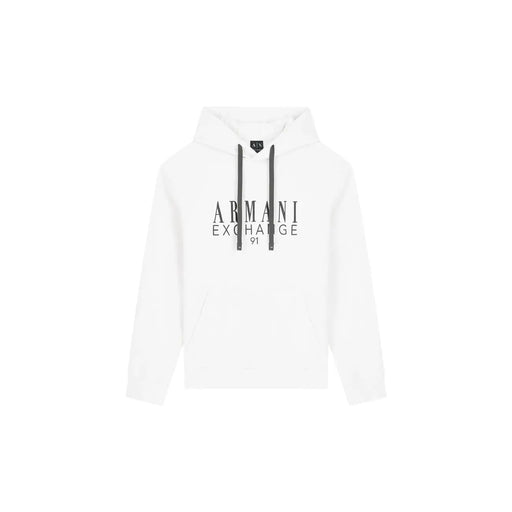 Armani Exchange Sweat à capuche blanc en coton pour homme avec cordons de serrage noirs et inscription audacieuse armani exchange Logo 91 sur la poitrine