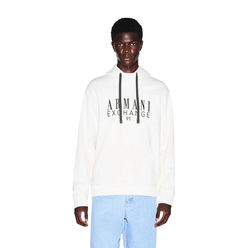 Armani Exchange Sweat à capuche blanc en coton pour homme, avec cordons de serrage noirs et logo imprimé sur le devant.